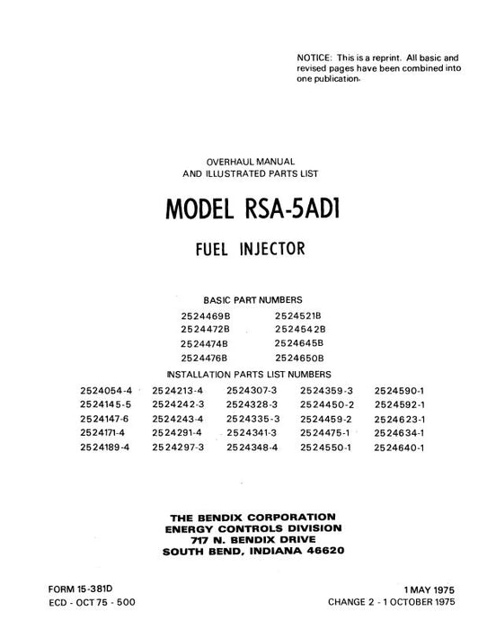 Bendix RSA-5AD1 Fuel Injector 1975 Overhaul, Parts (15-381D)