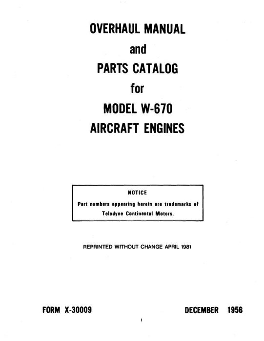 Continental W-670 Aircraft Engines Overhaul & Parts Catalog (X-30009)