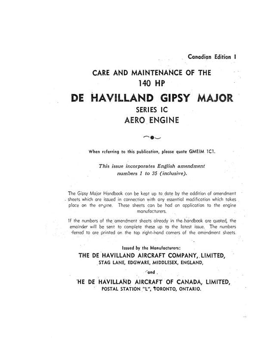 DeHavilland Gipsy Major Series 1C 140 HP Maintenance & Care (GMEIM-1C1)