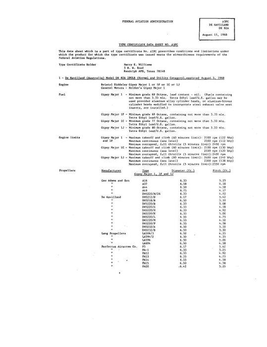 DeHavilland DH 82A Gypsy Major 1968 Ops. & Aircraft Specifications (A5PC)