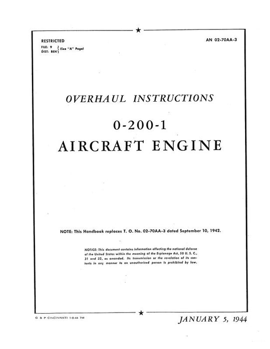Franklin O-200-1 Aircraft Engines 1944 Overhaul Manual (02-70AA-3)