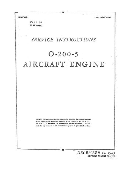 Franklin O-200-5 Aircraft Engines 1943 Maintenance Manual (02-70AB-0)