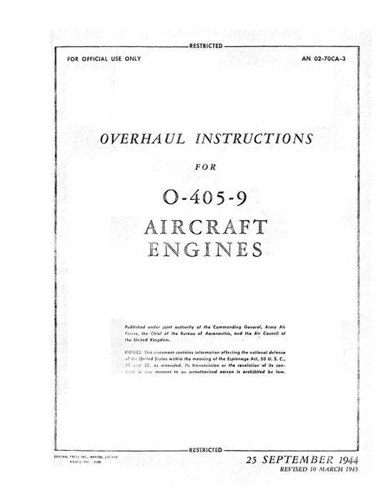 Franklin O-405-9 Engine 1944 Overhaul Instructions (02-70CA-3)