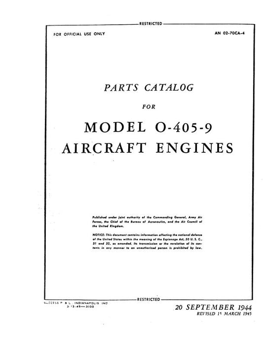 Franklin O-405-9 Engine 1944 Parts Catalog (02-70CA-4)