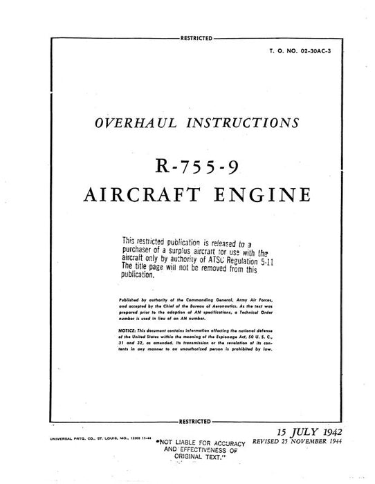 Jacobs R-755-9 Engine Overhaul Instructions (02-30AC-3)