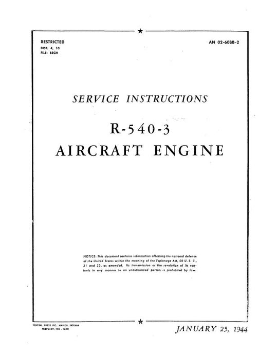 Kinner R-540-3 Engine 1944 Maintenance Manual (02-60BB-2)