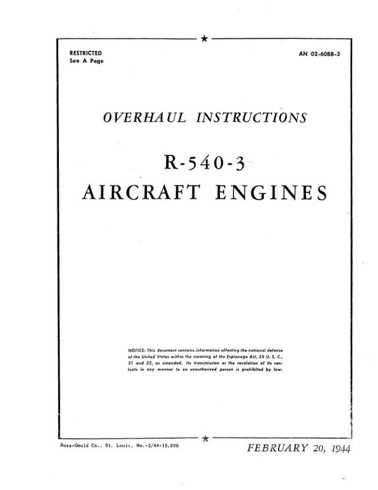 Kinner R-540-3 Engine 1944 Overhaul Instructions (02-60BB-3)
