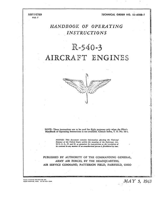 Kinner R-540-3 Engine 1943 Handbook of Operating Instructions Manual (02-60BB-1)