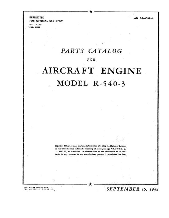 Kinner R-540-3 Engine Parts Catalog (02-60BB-4)
