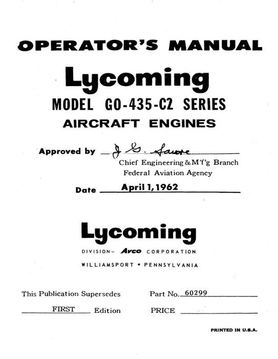 Lycoming GO-435-C2 Series 1962 Operator's Manual (60299)