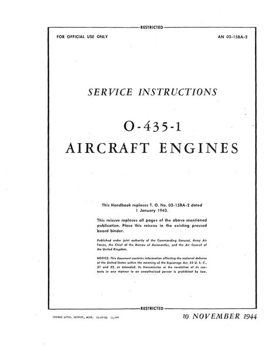 Lycoming O-435-1 1944 Maintenance Instructions (02-15BA-2)