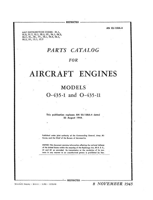 Lycoming O-435-1, O-435-11 1945 Parts Catalog (02-15BA-4)