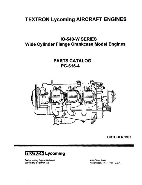 Lycoming IO-540-W Series 1993 Parts Catalog PC-615-4 (PC-615-4)