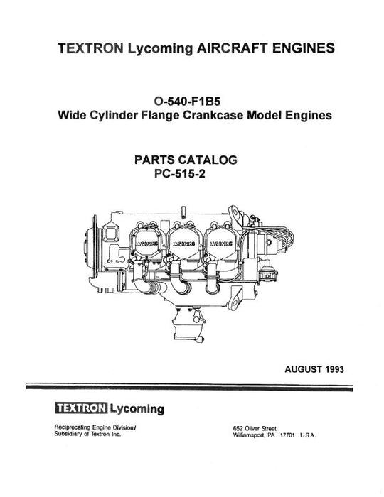 Lycoming O-540-F1B5 1993 Parts Catalog PC-515-2A (PC-515-2A)