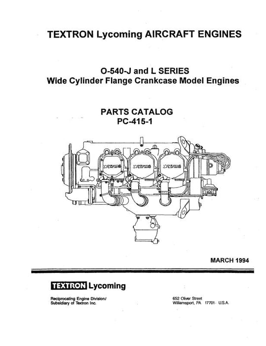 Lycoming O-540-J& L Series 1994 Parts Catalog PC-415-1 (PC-415-1)