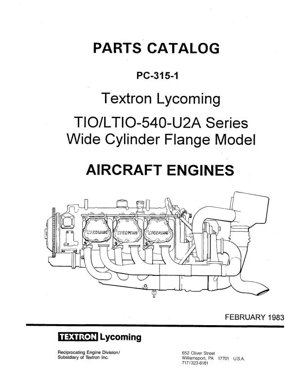 Lycoming TIO-LTIO-540 Series 1983 Parts Catalog PC-315-1 (PC-315-1