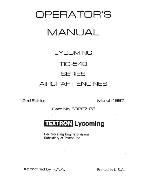 Lycoming TIO-540 Series, 1987 Operator's Manual (60297-23-7)