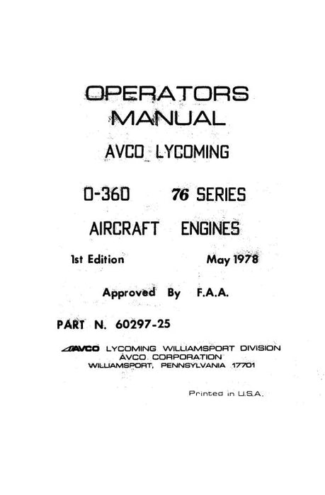 Lycoming O-360-E 76 Series, 1978 Operator's Manual (60297-25-1)