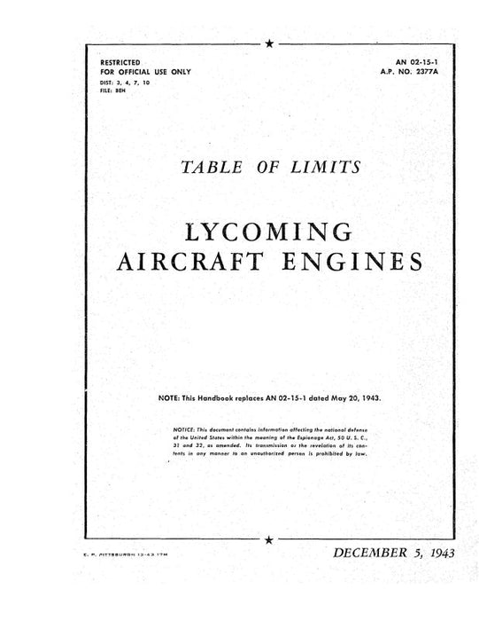 Lycoming Table Of Limits Aircraft Engine Table Of Limits AN 02-15-1