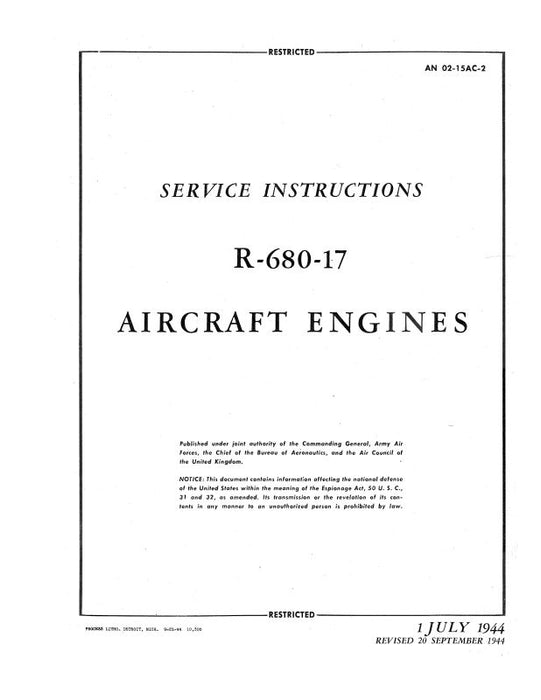 Lycoming R-680-17 Engine 1944 Maintenance Manual (AN-02-15AC-2)