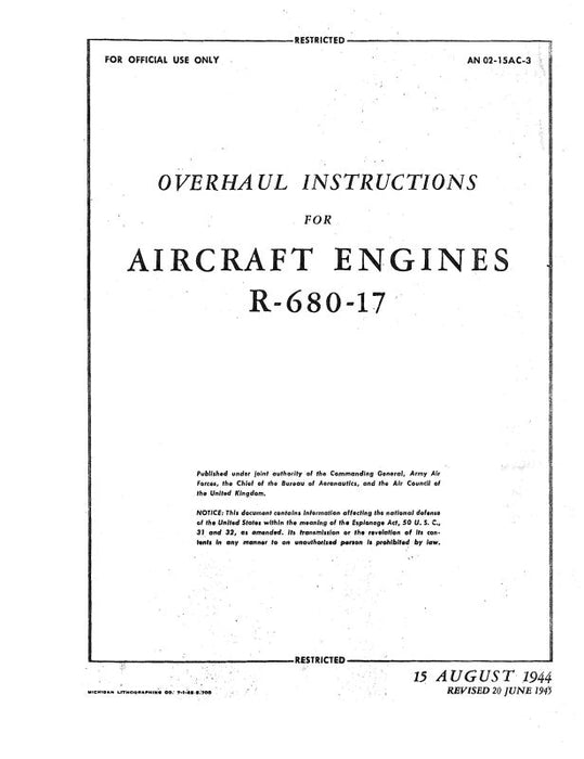 Lycoming R-680-17 Engine 1944 Overhaul Instructions (AN-02-15AC-3)