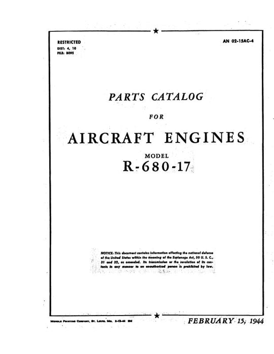 Lycoming R-680-17 Engine 1944 Parts Catalog (AN-02-15AC-4)