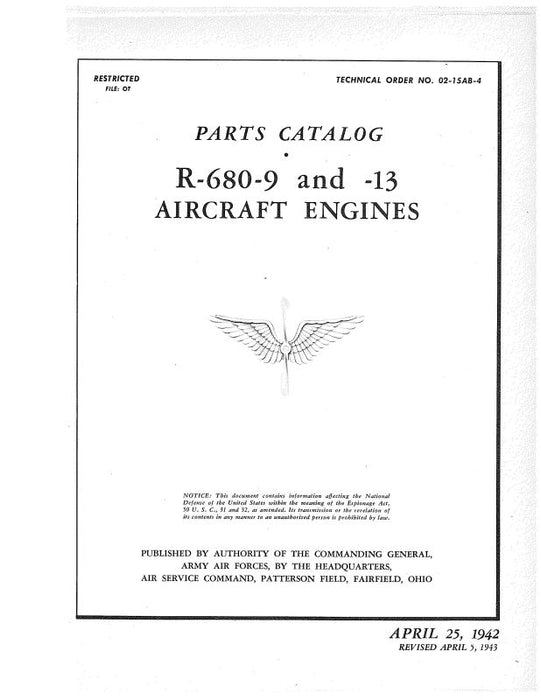 Lycoming R-680-9 & -13 Engines 1942 Parts Catalog (TO#02-15AB-44)