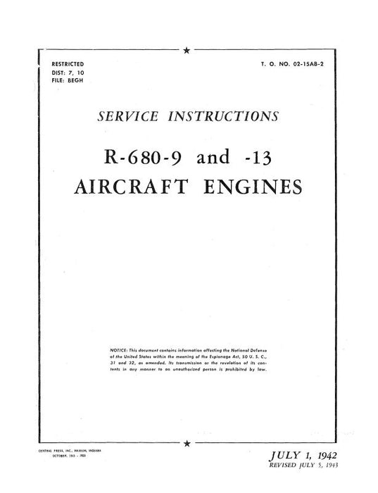 Lycoming R-680-9,-13 1942 Service Instructions (02-15AB-2)