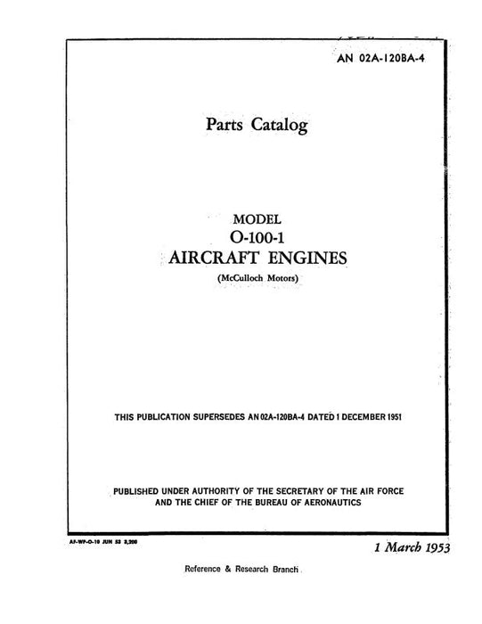 McCulloch Motors O-100-1 Aircraft Engine 1953 Parts Catalog (02A-120BA-4)