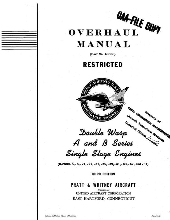 Pratt & Whitney Aircraft Double Wasp A & B Series Overhaul Manual (49656)