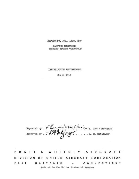 Pratt & Whitney Aircraft Erratic Engine Operation Engine Operation Manual (240)