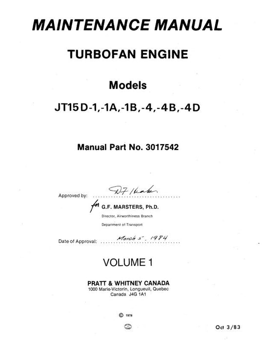 Pratt & Whitney Aircraft JT15D-1,-1A & -4 Maintenance Manual (3017542)