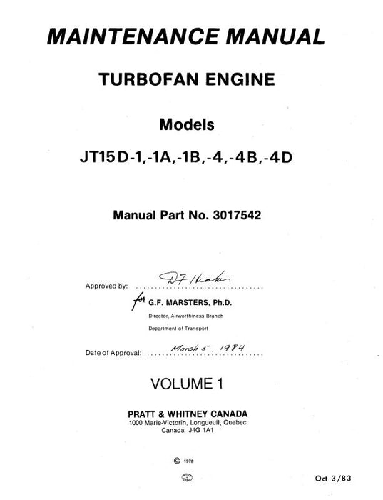 Pratt & Whitney Aircraft JT15D-1,-1A & -4 Maintenance Manual (3017542)