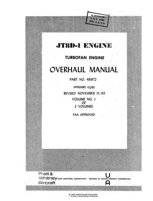 Pratt & Whitney Aircraft JT8D-1 Turbofan Engine 1963 Overhaul Manual (481672)