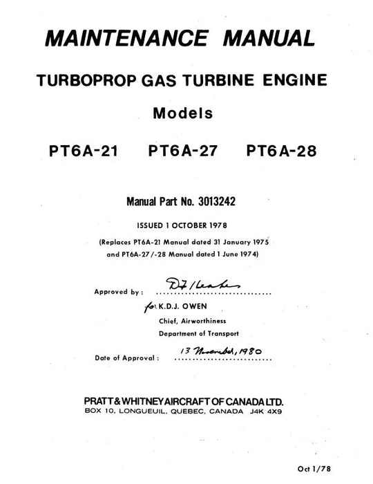 Pratt & Whitney Aircraft PT6A-21, PT6A-27, PT6A-28 Maintenance Manual (3013242)