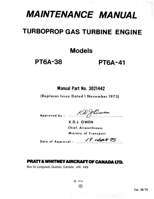 Pratt & Whitney Aircraft PT6A-38 & PT6A-41 1975 Maintenance Manual (3021442)