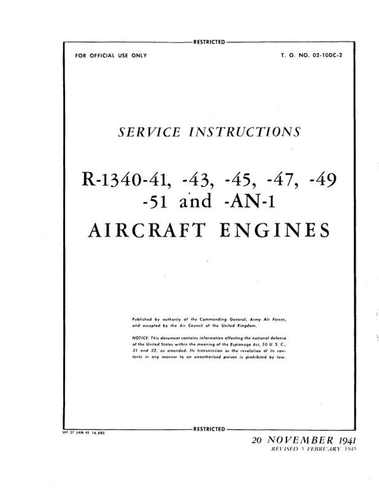 Pratt & Whitney Aircraft R-1340 Series Service Instructions (02-10DC-2)