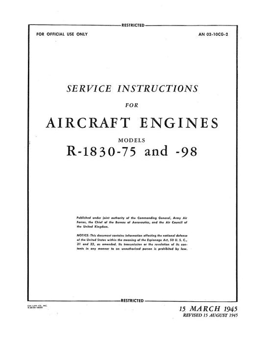 Pratt & Whitney Aircraft R-1830-75 & R-1830-98 Maintenance Instructions (02-10CG-2)