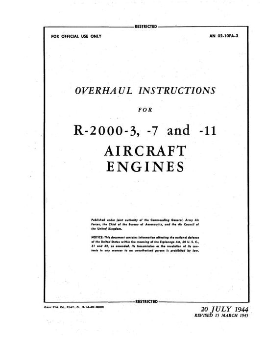 Pratt & Whitney Aircraft R-2000-3,-7,-11 Series Overhaul Instructions (02-10FA-3)