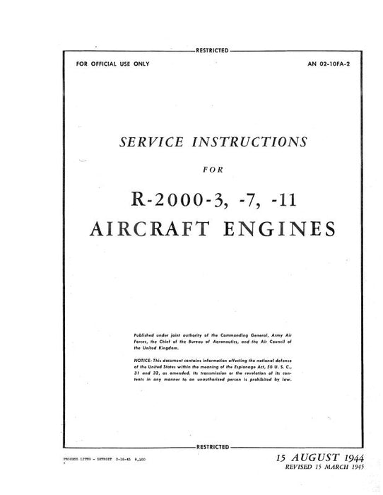 Pratt & Whitney Aircraft R-2000-3,-7,-11 Series Service Instructions (02-10FA-2)
