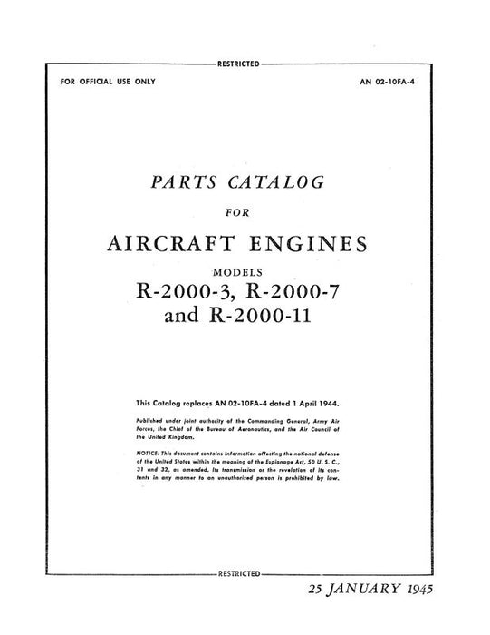 Pratt & Whitney Aircraft R-2000-3,R-2000-7&R-2000-11 Parts Catalog (02-10FA-4)