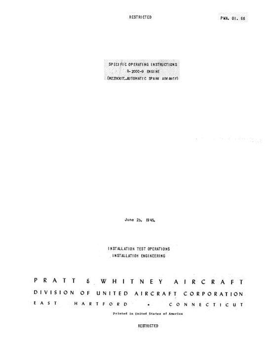 Pratt & Whitney Aircraft R-2000-9 Series 1945 Operating Instructions (PWA-01-66)