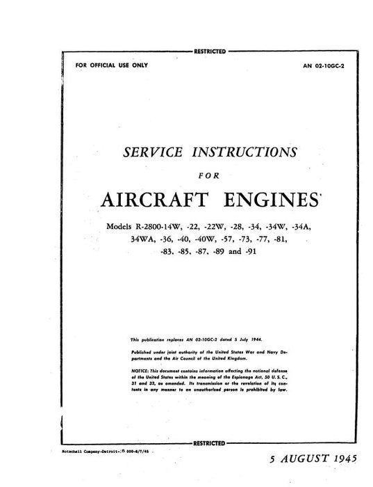 Pratt & Whitney Aircraft R-2800-14W  thru 91 1945 Maintenance Instructions Manual (02-10GC-2)