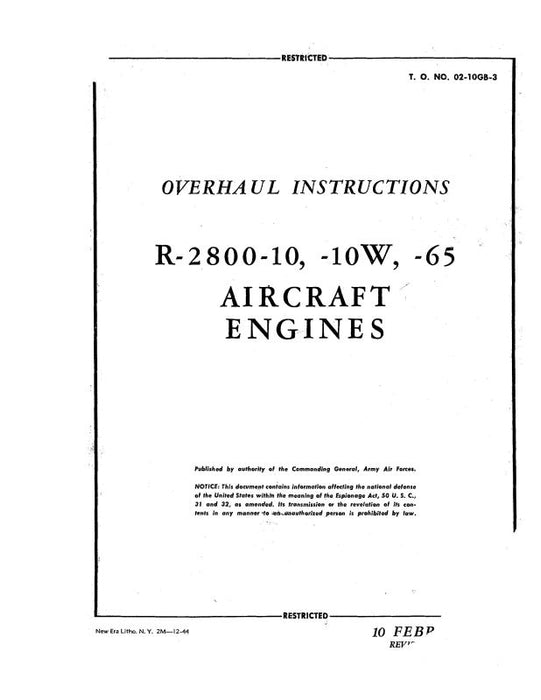 Pratt & Whitney Aircraft R-2800-10, -10W, -65 1944 Overhaul Instructions (02-10GB-3)