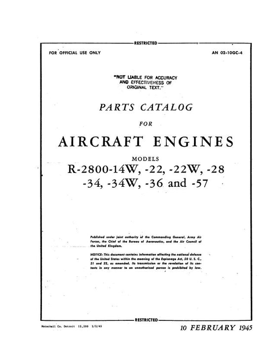 Pratt & Whitney Aircraft R-2800 Series 1945 Parts Catalog (02-10GC-4)