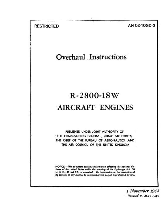 Pratt & Whitney Aircraft R-2800-18W Series 1945 Overhaul Instructions (02-10GD-3)