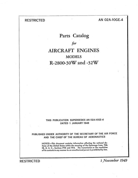 Pratt & Whitney Aircraft R-2800-30W & R-2800-32W Parts Catalog (02A-10GE-4)