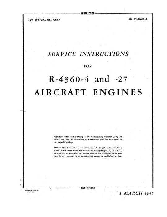 Pratt & Whitney Aircraft R-4360-4 & R-4360-27 Series Maintenance Instructions (02-10HA-2)