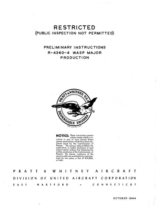 Pratt & Whitney Aircraft R-4360-4 Wasp Major Production Preliminary Instructions (PWWASPMAJR-44-C)
