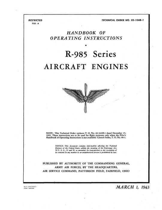 Pratt & Whitney Aircraft R-985 Series Aircraft Engines Operating Instructions (02-10AB-1-42)